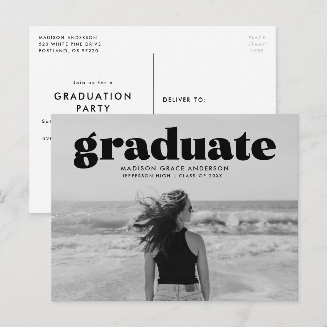 Moderne, fette Black Overlay Foto Graduation Party Postkarte (Vorne/Hinten)