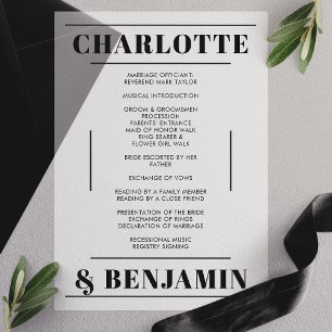 Moderne, fette Black Wedding Program Vellum Card