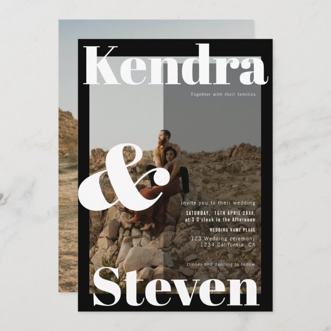 Moderne, fette Namen Schwarz-weiße Hochzeit des Fo Einladung (Vorne/Hinten)