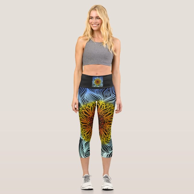 Moderne fette Neonsonnenblume Capri Leggings (Vorderseite)