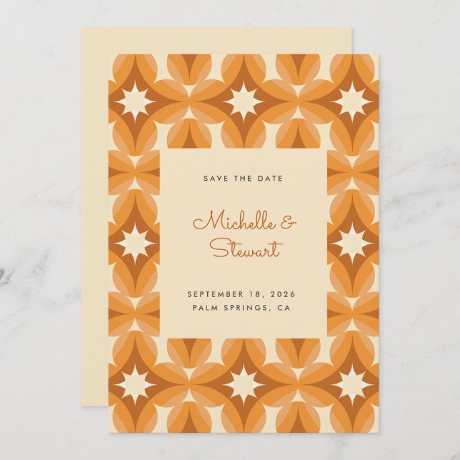Moderne fette Orange Brown Retro Wedding Save The Date (Vorne/Hinten)