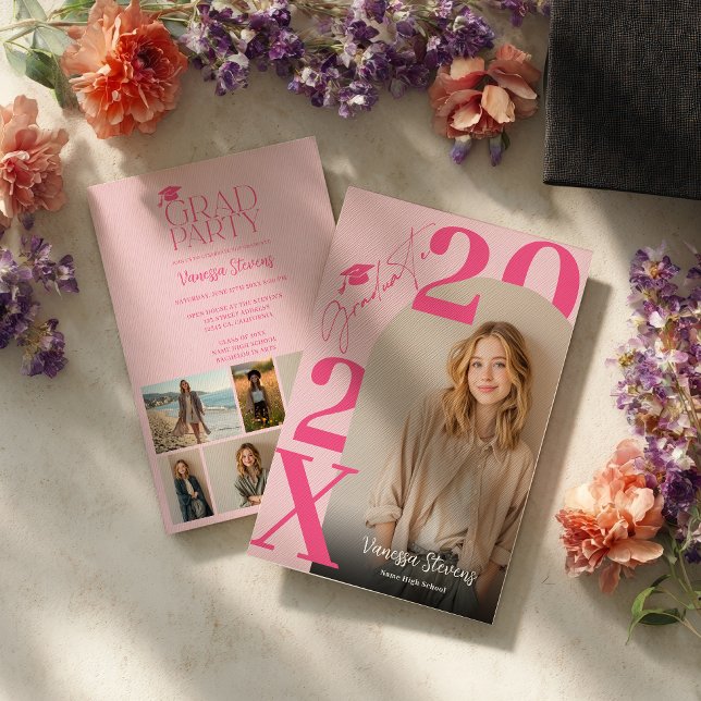 Moderne Fette Retro Rosa Trendige 6 Fotos Abschlus Einladung (Modern Bold Retro Pink Trendy 6 photos graduation Invitation)