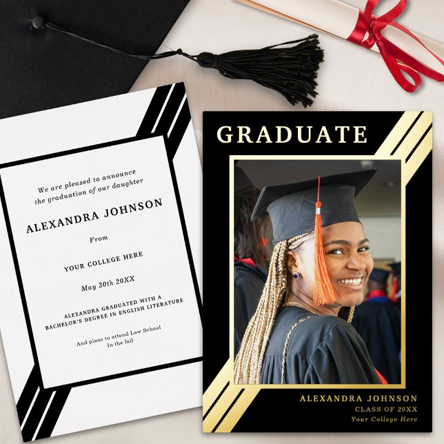 Moderne, fette Streifen Grad Foto Black und Gold Folieneinladung (Modern black and gold foil stripes graduate photo  graduation announcement card )