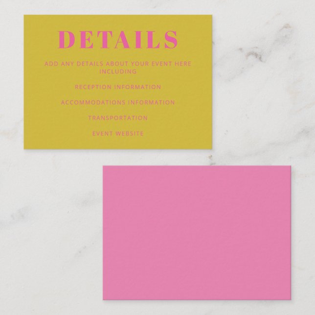 Moderne fette Typografie Bright Pink Yellow Weddin Begleitkarte (Vorne/Hinten)
