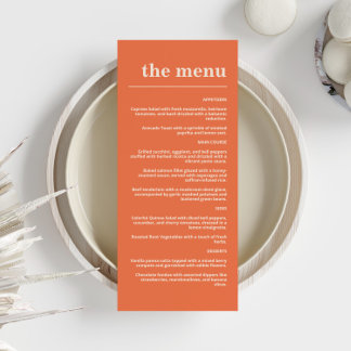 Moderne fette Typografie-Hochzeit Orange Navy Blau Menükarte