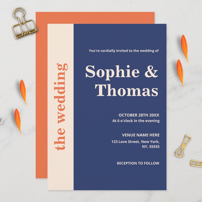 Moderne fette Typografie Navy Blue Orange Wedding Einladung (Von Creator hochgeladen)