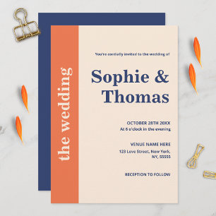 Moderne fette Typografie Orange Navy Blue Wedding Einladung
