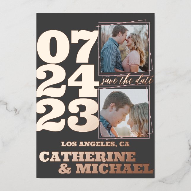 Moderne fette Typografie Rose Gold & Grau Folieneinladung (Vorderseite)