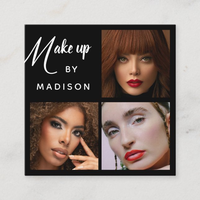 Moderne Fette Weiße Schrift 3 Foto Make-up Quadratische Visitenkarte (Vorderseite)
