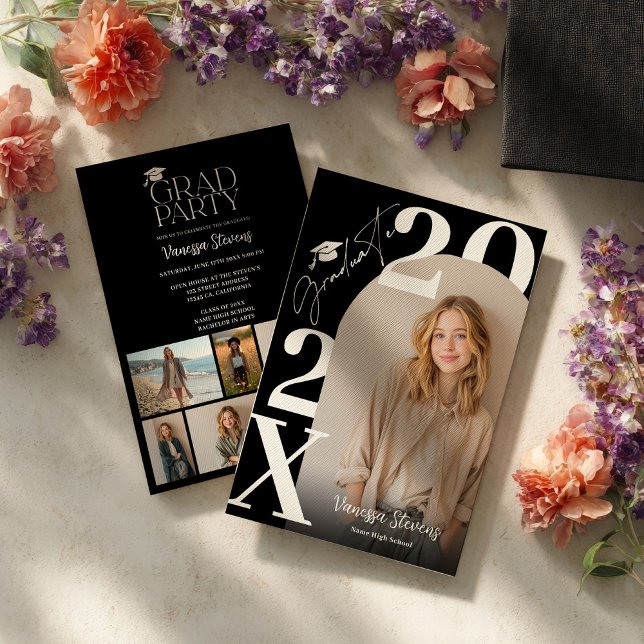 Moderne Fette Weiße Schwarze Trendige 6 Fotos Absc Einladung (Modern Bold White Black Trendy 6 photos graduation Invitation)