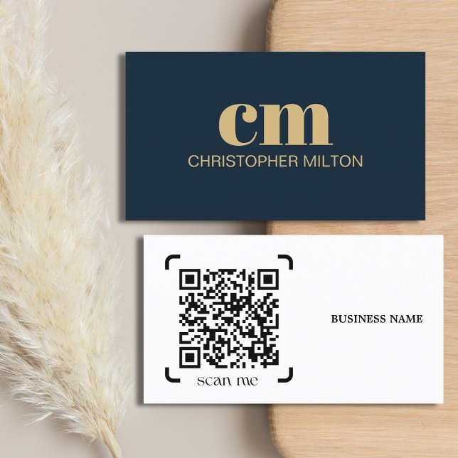 Moderne, fettgedruckte Monogramm-QR-Code Navy Blue Visitenkarte (Von Creator hochgeladen)