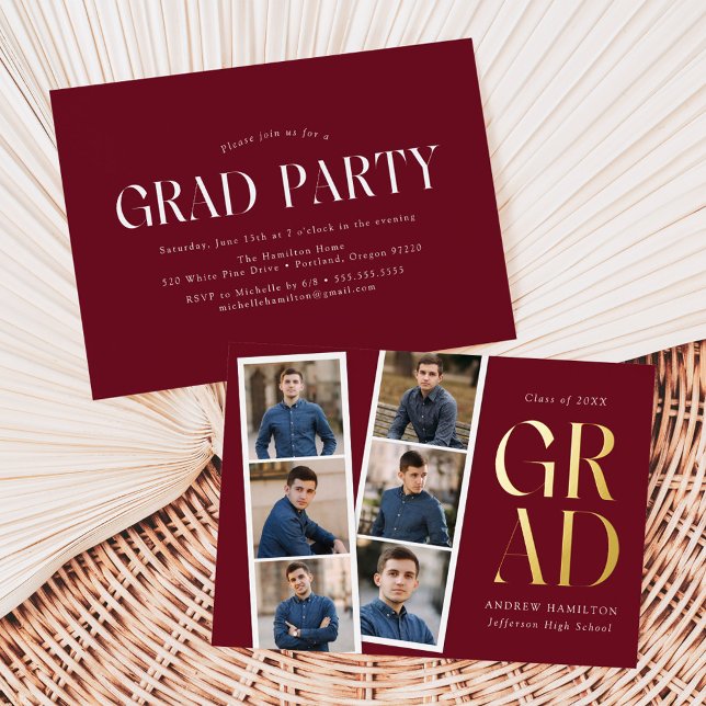 Moderne Filmstrip Burgundy 6 Foto Graduation Party Folieneinladung (Von Creator hochgeladen)
