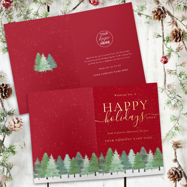 Moderne Firmenlogo Winter Tannen Rot Gold (Modern corporate happy holidays Christmas woodland company logo red gold foil business holiday card)
