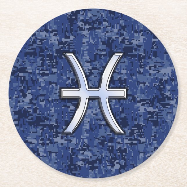 Moderne Fische Zodiac Sign Navy Blue Digital Camou Runder Pappuntersetzer (Vorderseite)