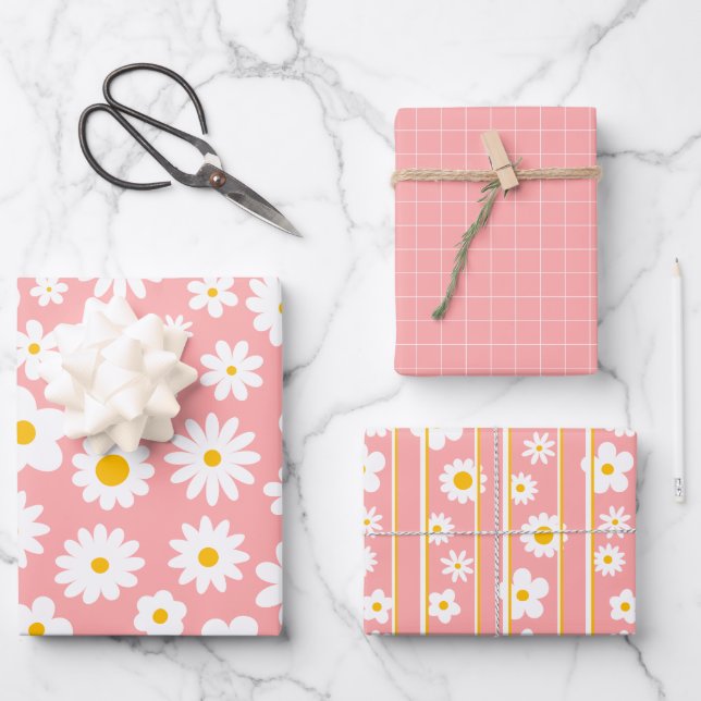 Moderne flache grafische Daisy Rosa jedes Mal Geschenkpapier Set (Vorderseite)