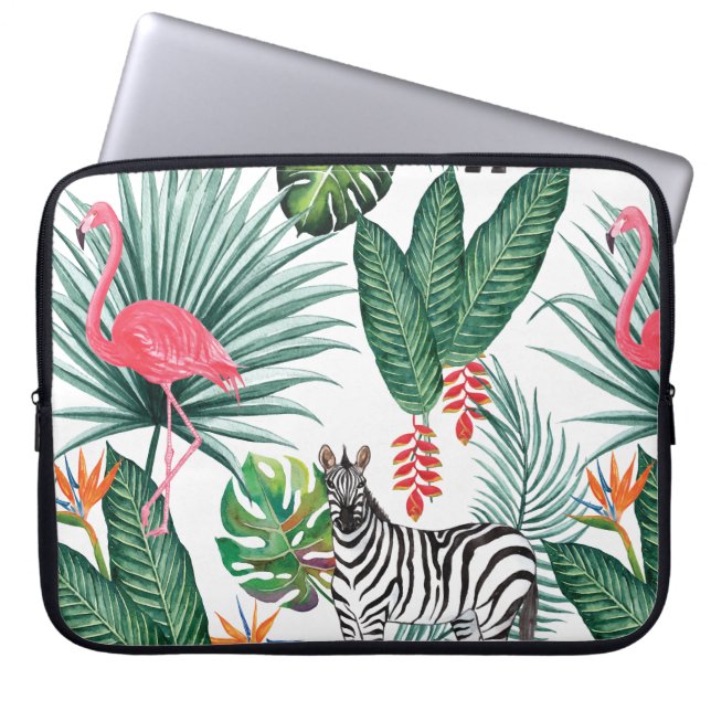 Moderne Flamingo zebra tropisches Blattwasserfarbe Laptopschutzhülle (Vorderseite)