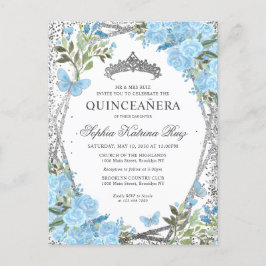 Moderne floral Dusty Blue Silver Tiara Quinceañera Postkarte