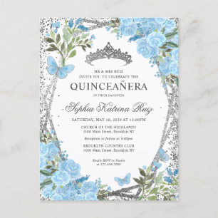 Moderne floral Dusty Blue Silver Tiara Quinceañera Postkarte