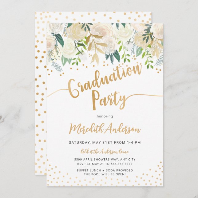 Moderne Floral gold Konfetti Graduierungsparty Einladung
