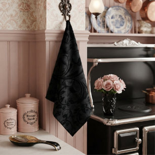 Moderne Floral Noir Schwarzer Samt Geschirrtuch