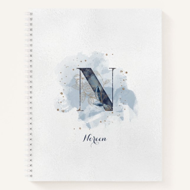 Moderne floral Personal Monogram Letter N Blue Gol Notizbuch (Vorderseite)