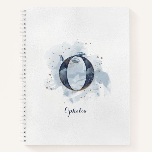 Moderne floral Personal Monogram Letter O Blue Gol Notizbuch (Vorderseite)