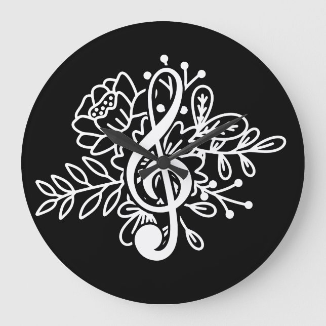 Moderne Floral Treble Clef Black Music Liebhaber Große Wanduhr (Vorderseite)
