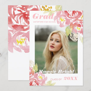 Moderne Floral Watercolor Grad Bekanntgabe Blush Einladung