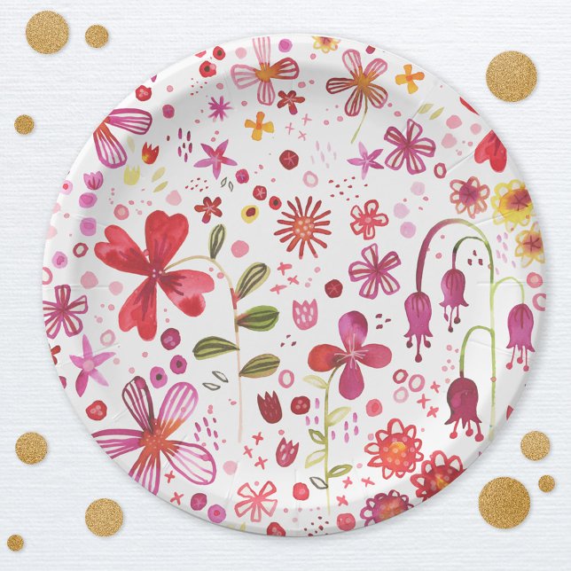 Moderne Floral Watercolor Pappteller (Watercolor wildflower pink and white paper party plate)