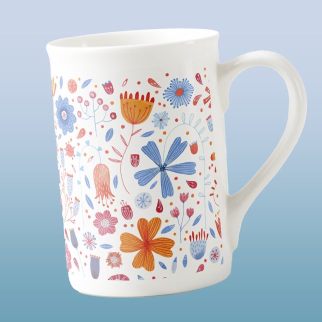 Moderne Floral Watercolor Prozellantasse (Modern watercolor floral blue, orange and white pattern bone china mug)
