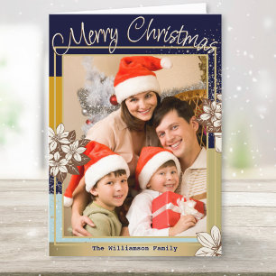 Moderne Florale Blaue Goldene Frohe Weihnachten Fo