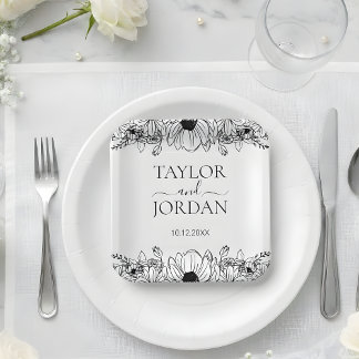 Moderne Florale Botanische Rand Hochzeit  Pappteller