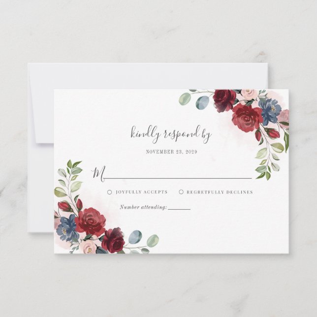 Moderne florale Burgundy Rustikale Skripthochzeit RSVP Karte (Vorderseite)