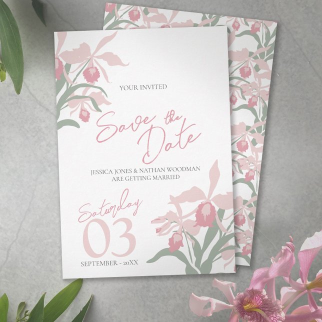 Moderne florale Cattleya-Orchidee staubiges Rosa H Save The Date (Von Creator hochgeladen)