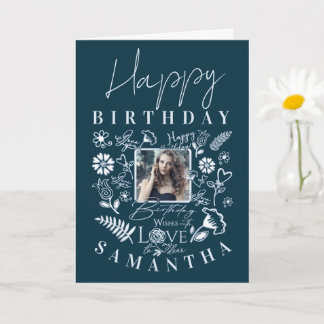 Moderne florale Geburtstags-Typografie-Foto-Doodle Karte