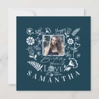 Moderne florale Geburtstags-Typografie-Foto-Doodle Karte