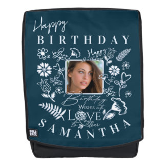 Moderne florale Geburtstags-Typografie-Foto-Doodle Rucksack