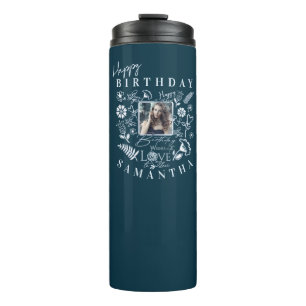 Moderne florale Geburtstags-Typografie-Foto-Doodle Thermosbecher