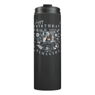 Moderne florale Geburtstags-Typografie-Foto-Doodle Thermosbecher