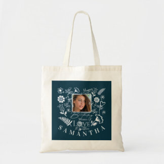 Moderne florale Geburtstags-Typografie-Foto-Doodle Tragetasche