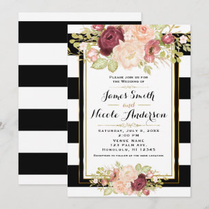 Moderne florale Glamour Schwarz-Weiß-Streifen Hoch Einladung