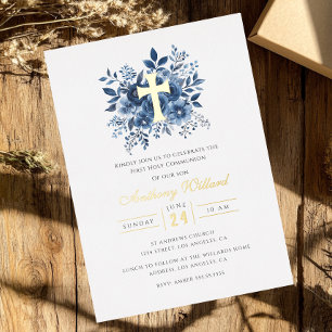 Moderne Florale Goldene Kreuz Jungen Erste Kommuni Folieneinladung
