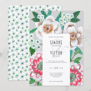 Moderne Florale graue rosa bemalte Hochzeitsblumen Einladung