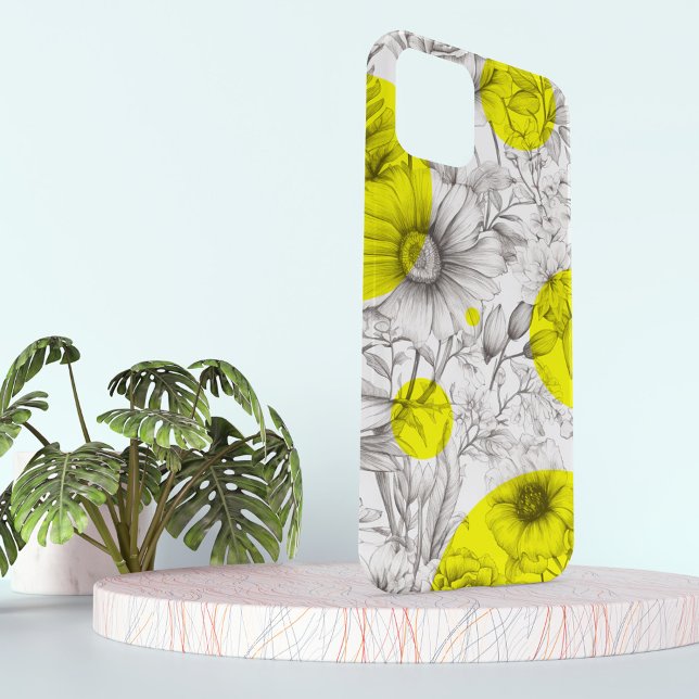 Moderne florale, hellgelbe Retro-Kreise zeichnend Case-Mate iPhone Hülle (Bright yellow retro circles on black and white drawing sketch of peony flowers, on a phone case.)