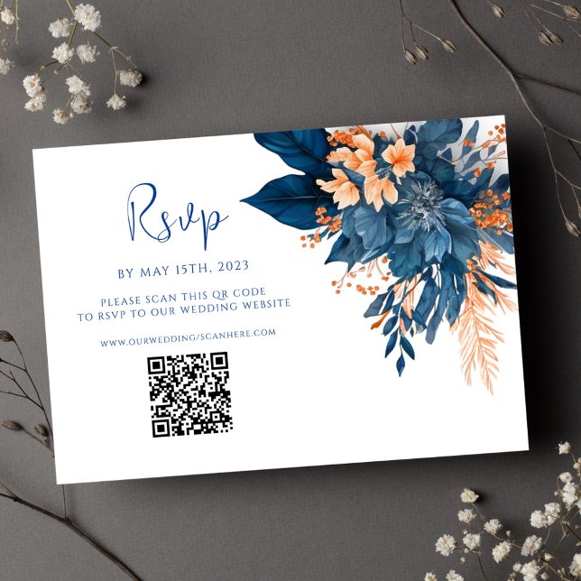 Moderne florale Indigo Rust QR Code Hochzeit RSVP Karte (Modern Floral Indigo Rust QR Code Wedding RSVP Card)