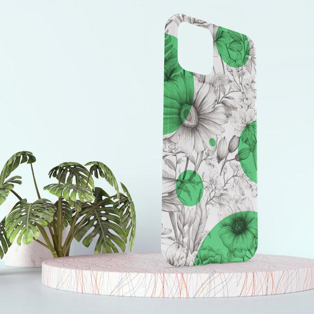 Moderne florale, kelgrün zeichnend Retro-Kreise Case-Mate iPhone Hülle (Kelly green retro circles on black and white drawing sketch of peony flowers, on a phone case.)