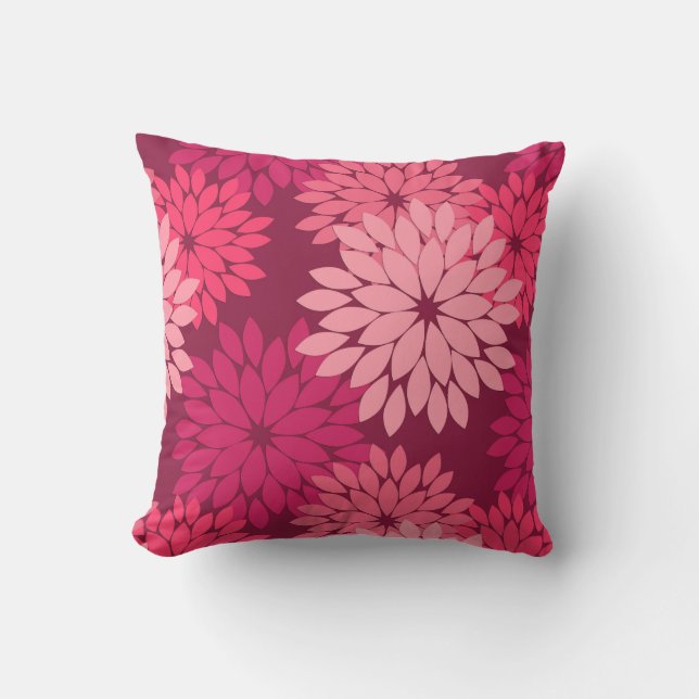 Moderne florale Kimono Print, Coral Pink & Burgund Kissen Für Draußen (Vorderseite)