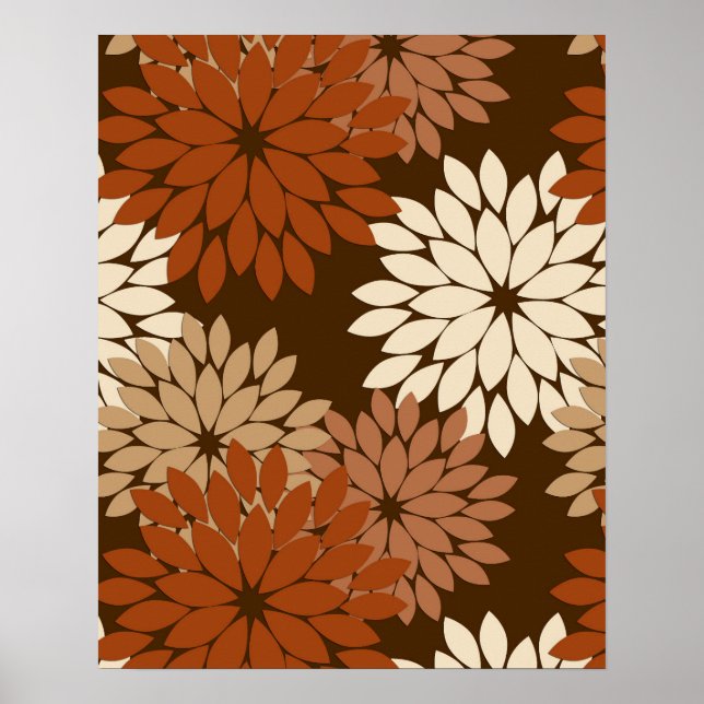 Moderne florale Kimono Print, Dunkelbraun und Tan Poster (Vorne)