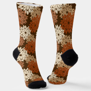 Moderne florale Kimono Print, Dunkelbraun und Tan Socken