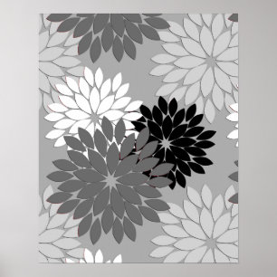 Moderne florale Kimono Print, grau, schwarz und we Poster